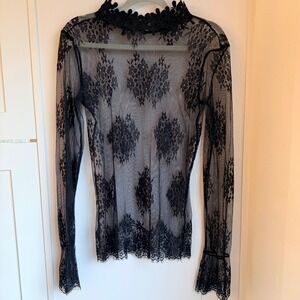 Sheer Black Lace Long Sleeve Top Size M Gothic Romantic Y2K Layering Blouse